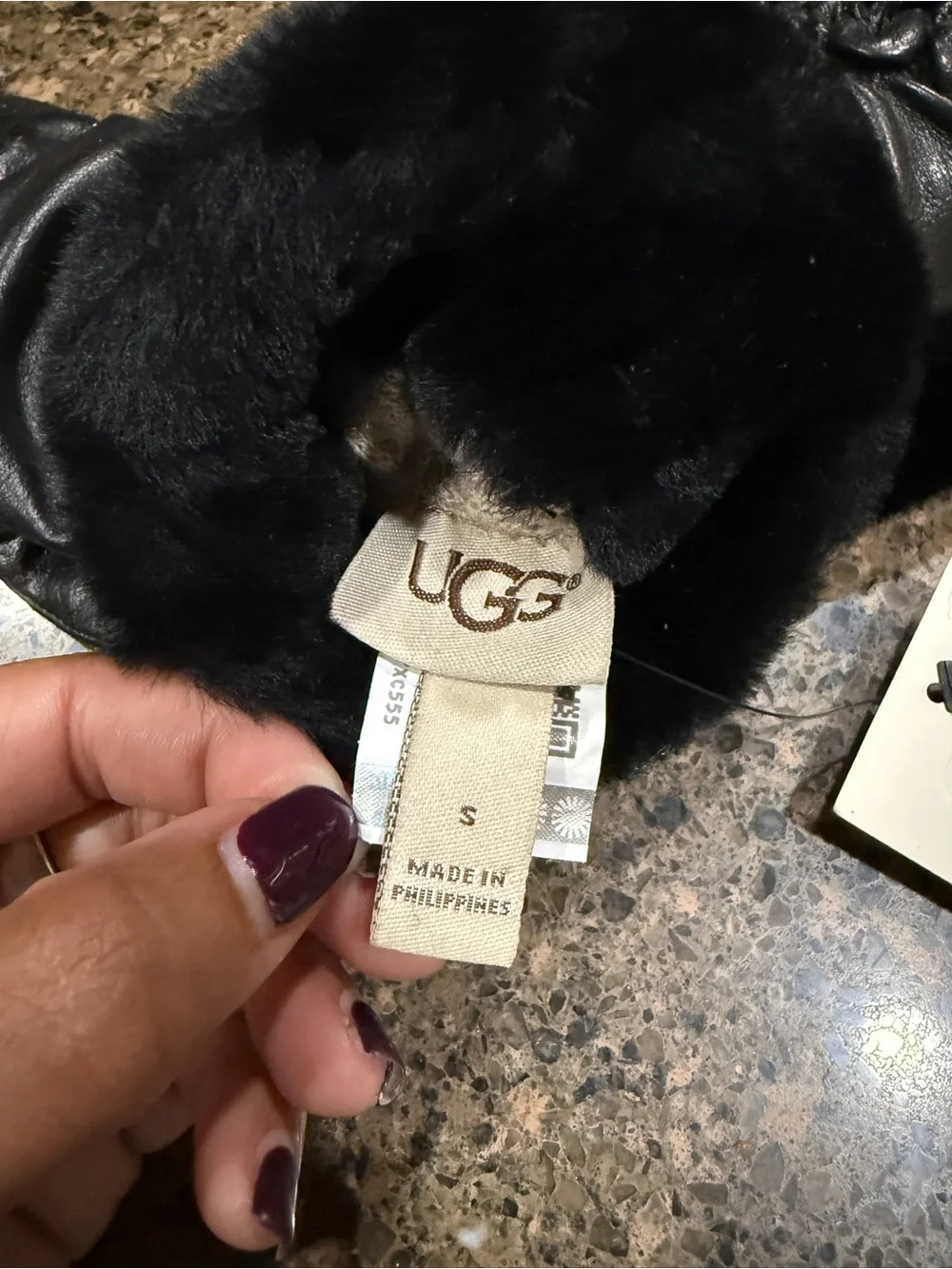 UGG Black Leather Gloves with Fur Trim
